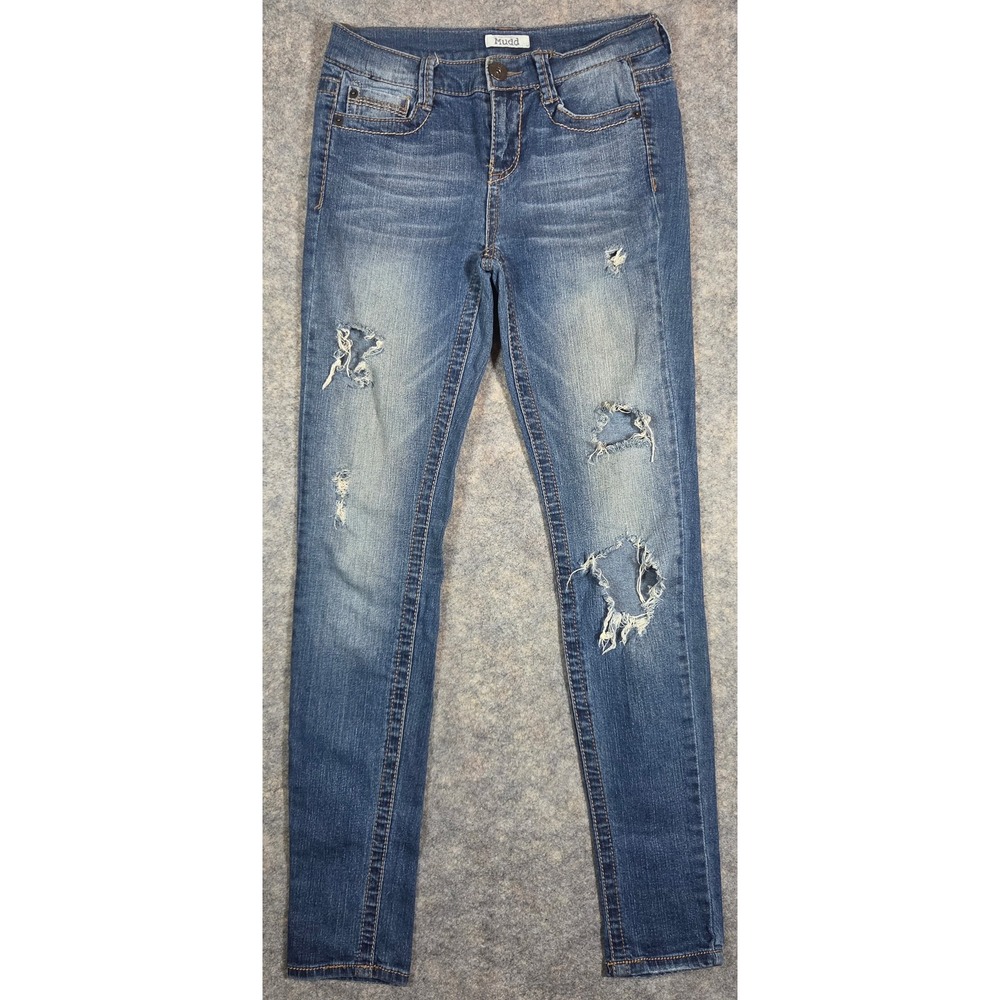 Y2K Mudd Distressed Skinny Jeans Womens 3 Medium Wash Blue Ripped Denim Low Rise